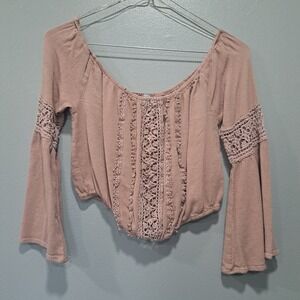 Charlotte Russe Boho Crochet Lace Bell Sleeve Crop Top Mauve Pink Womens Small